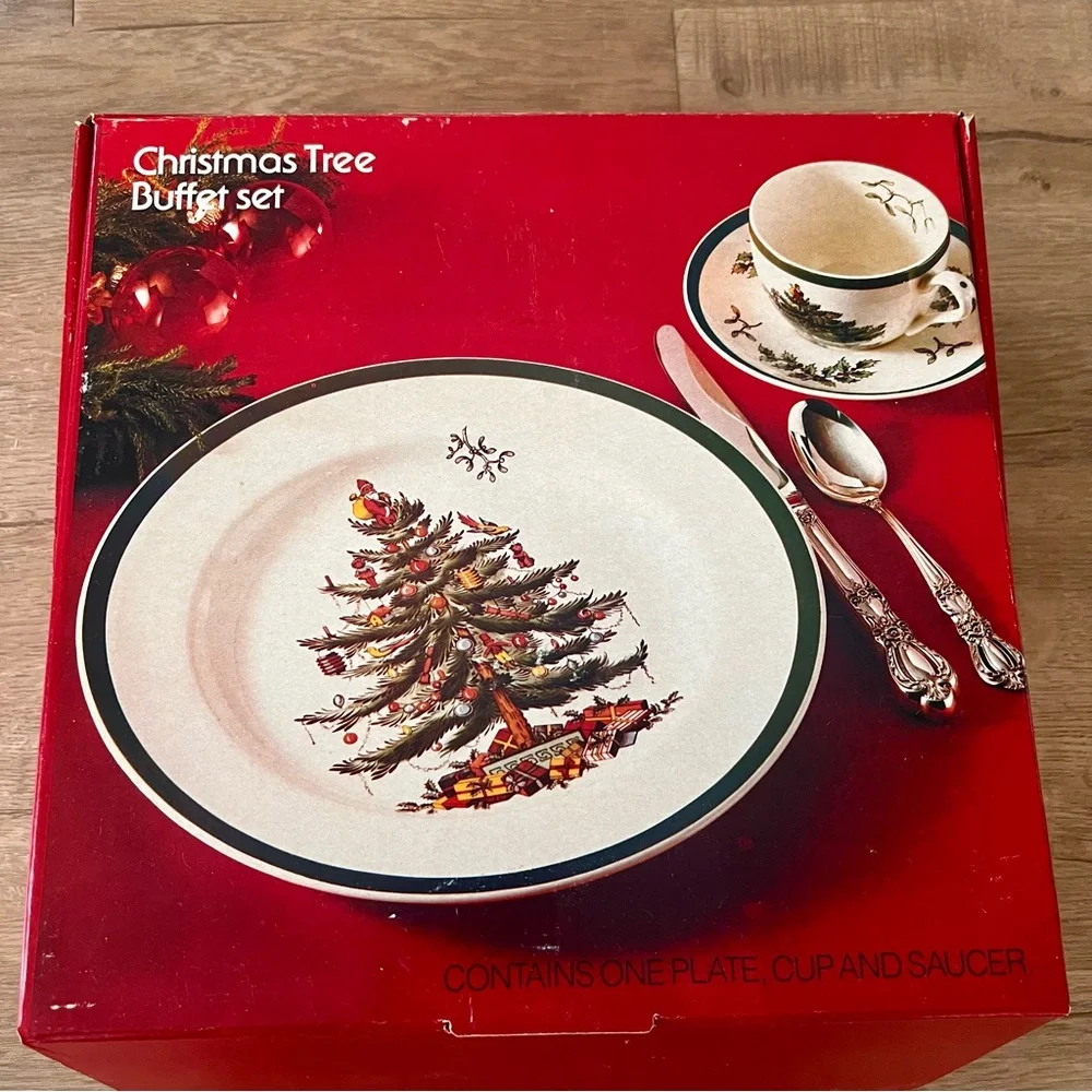 Spode Made In England Christmas Tree Holiday Buffet Set- Dinner Plate Cup Saucer